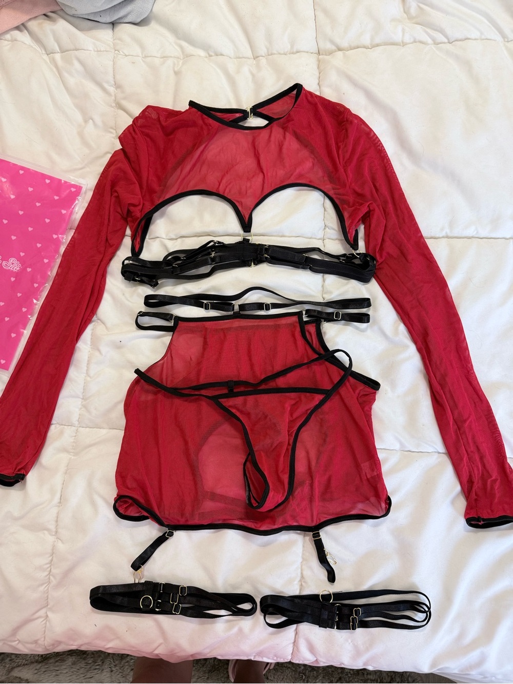 Sheer Red Long-Sleeve Lingerie Set with Strappy Harness Details